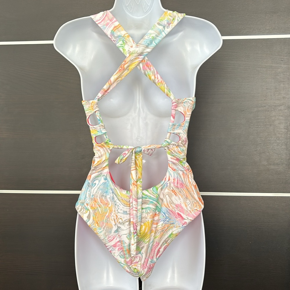 NWOT - Becca Hot Springs Floral Deep Plunge One Piece Swimsuit - Picture 5 of 14